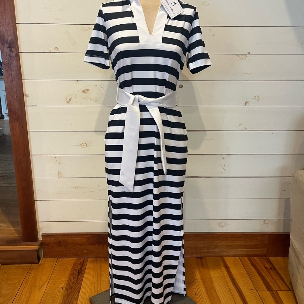 Dudley Stephens Blue and White Polo Collar Sheath Maxi Dress